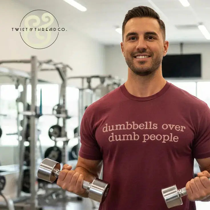 Man in gym wearing maroon shirt holding silver dumbbells, shirt reads 'dumbbells over dumb people'