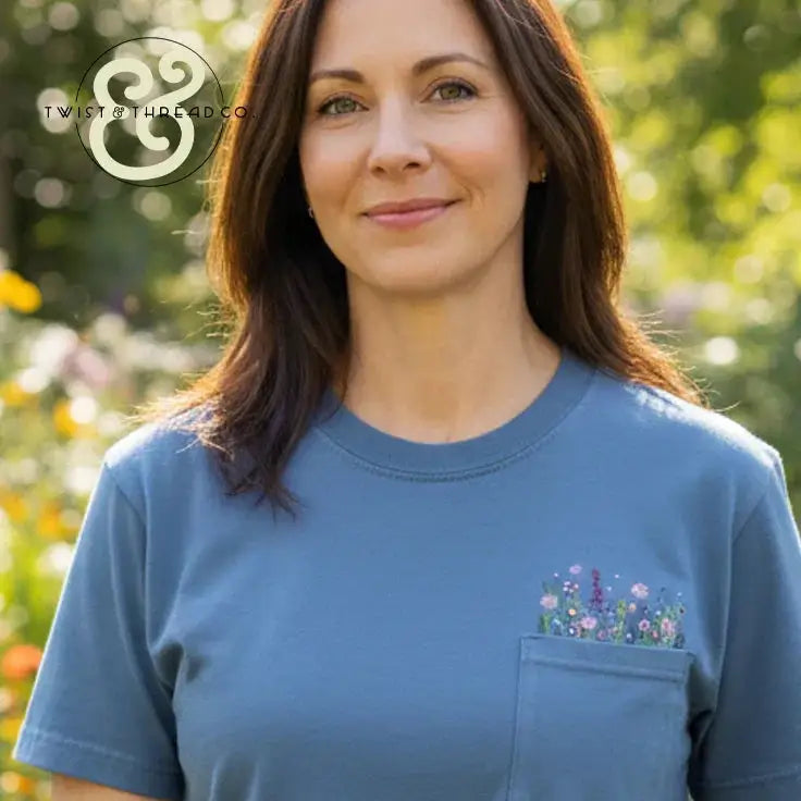 Woman wearing a blue custom embroidered floral pocket t-shirt from Twist & Thread Co. outdoors