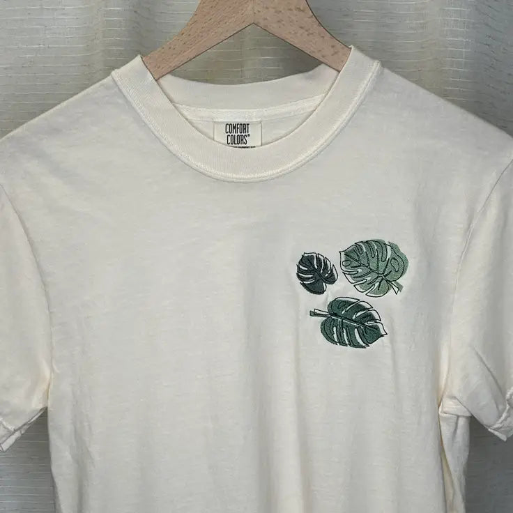 Embroidered Monstera Leaf Comfort Colors Heavyweight Cotton T Shirt - Apparel
