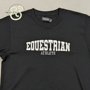 Black embroidered sweatshirt with white text reading Equestrian Athlete by Twist & Thread Co.