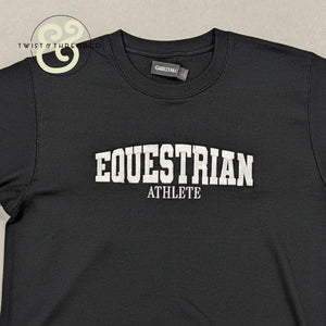 Black embroidered sweatshirt with white text reading Equestrian Athlete by Twist & Thread Co.