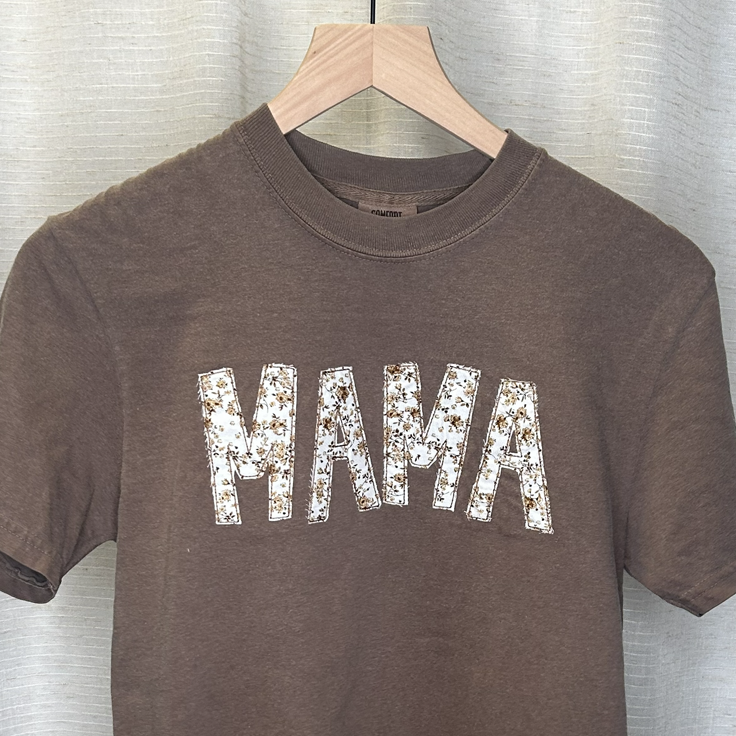 Espresso Floral Applique MAMA Embroidered Comfort Colors T-Shirt - T-Shirt (Comfort Colors) / S - Apparel