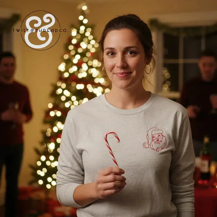 Woman in light gray sweatshirt with Santa graphic holding candy cane by decorated Christmas tree