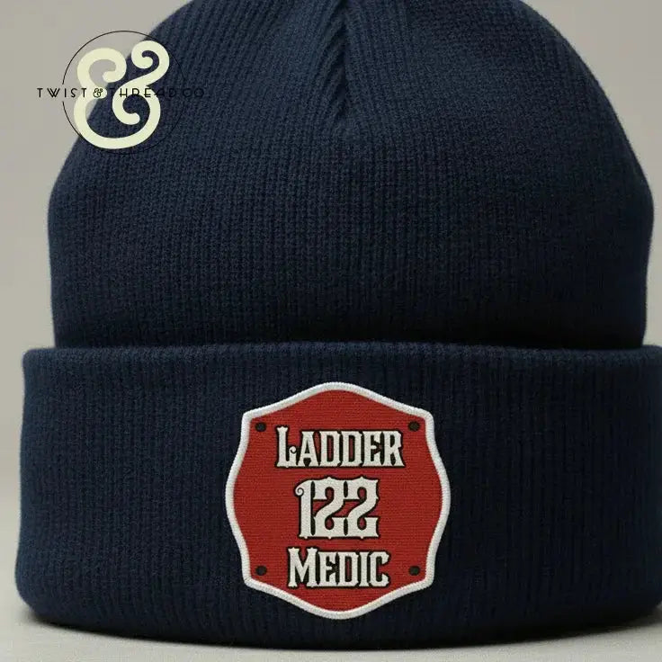 Navy blue knit beanie with red Ladder 122 Medic patch, fire rescue themed winter hat