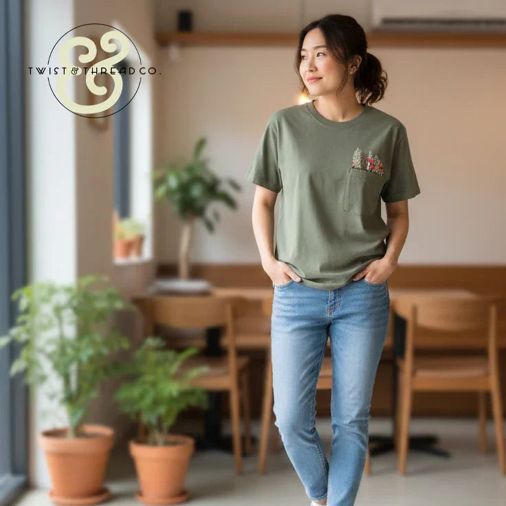 Woman wearing Twist & Thread Co. custom embroidered t-shirt with floral pocket design