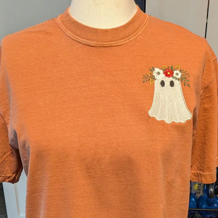 Halloween Embroidered Floral Ghost Pumpkin Spice Tee - Apparel