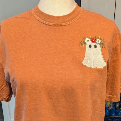 Halloween Embroidered Floral Ghost Pumpkin Spice Tee - Apparel