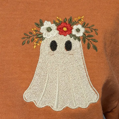 Halloween Embroidered Floral Ghost Pumpkin Spice Tee - Apparel