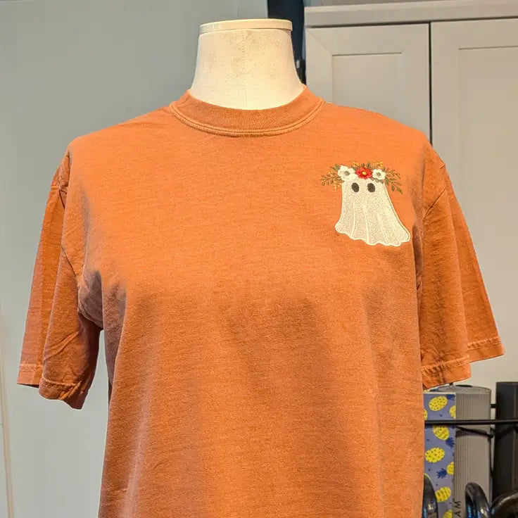 Halloween Embroidered Floral Ghost Pumpkin Spice Tee - Apparel