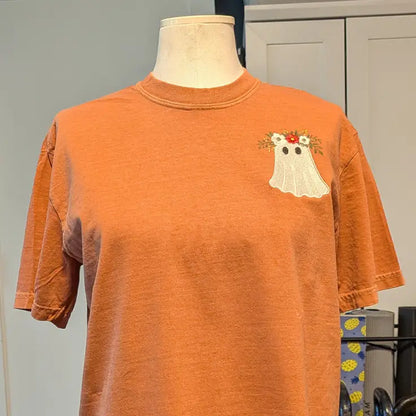 Halloween Embroidered Floral Ghost Pumpkin Spice Tee - Apparel