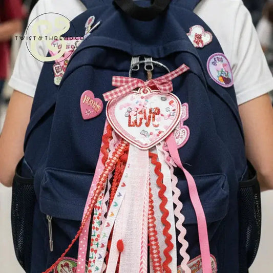 Navy backpack decorated with embroidered heart patches, ribbon, and LOVE applique from Twist & Thread Co.