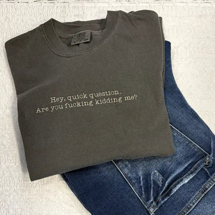 Hey Quick Question Funny Embroidered Comfort Colors T-Shirt - Apparel