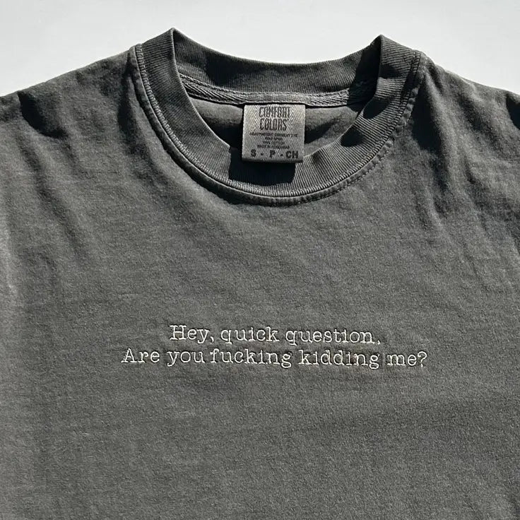 Hey Quick Question Funny Embroidered Comfort Colors T-Shirt - Apparel