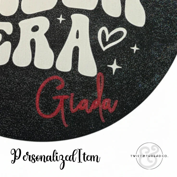 Personalized cheer era design with name Giada, white retro font, hearts and stars on black background.