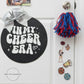 Cheerleading door sign with 'In My Cheer Era,' silver bow, blue and red pompom, cheer stickers