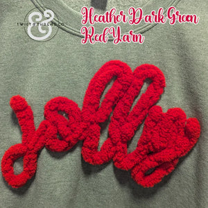 Heather dark green sweatshirt with red yarn 'jolly' chenille patch embroidery