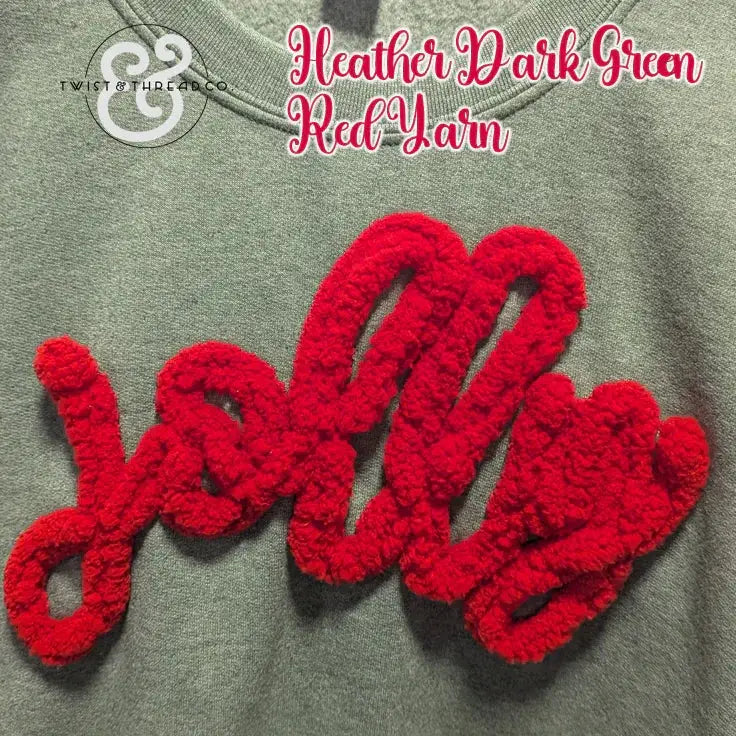 Heather dark green sweatshirt with red yarn 'jolly' chenille patch embroidery
