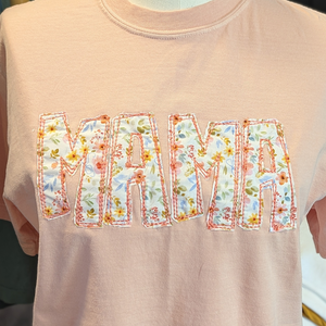 Peachy MAMA Floral Raw Edge Applique Comfort Colors T-Shirt - Apparel