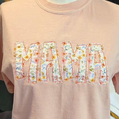 Peachy MAMA Floral Raw Edge Applique Comfort Colors T-Shirt - Apparel