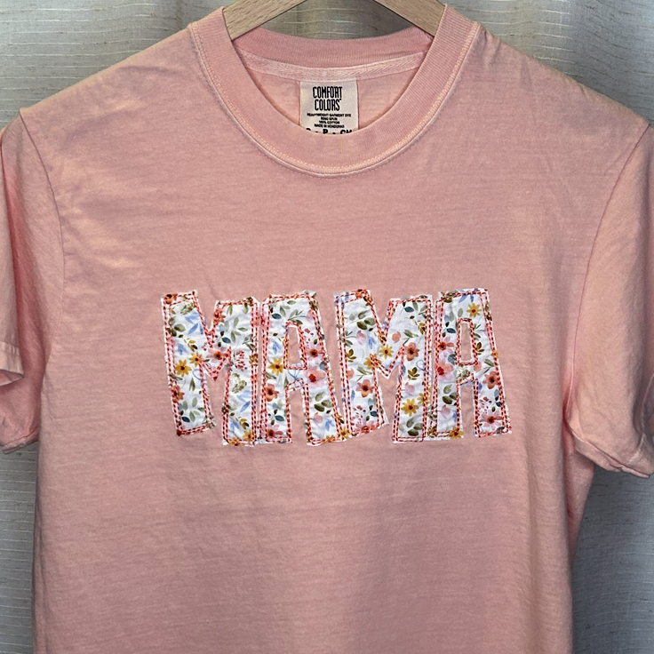 Peachy MAMA Floral Raw Edge Applique Comfort Colors T-Shirt - Apparel