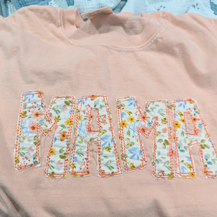 Peachy MAMA Floral Raw Edge Applique Comfort Colors T-Shirt - T-Shirt (Comfort Colors) / S - Apparel