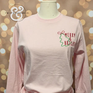 Light pink Christmas sweatshirt with 'Merry & Bright' and green tree design, Twist & Thread Co.