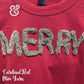Red sweatshirt with 'MERRY' in textured olive yarn, festive holiday apparel