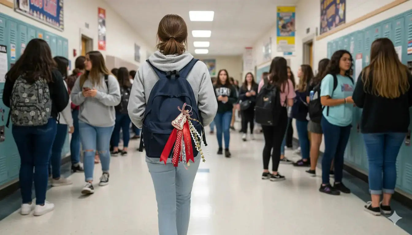 Navy blue backpack with red and white ribbon tassels
