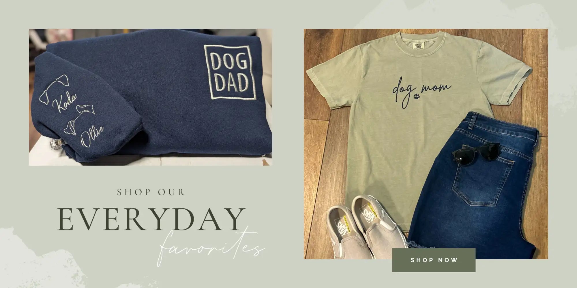 Navy blue ’dog dad’ sweatshirt with white embroidered dog silhouettes and names on the sleeve