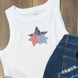 Patriotic Mixed Pattern Star Applique Embroidered Crop Tank Top - Apparel