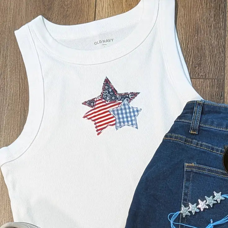 Patriotic Mixed Pattern Star Applique Embroidered Crop Tank Top - Apparel