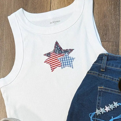 Patriotic Mixed Pattern Star Applique Embroidered Crop Tank Top - Apparel
