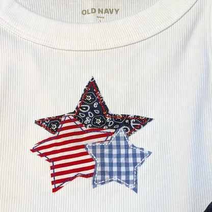 Patriotic Mixed Pattern Star Applique Embroidered Crop Tank Top - Apparel