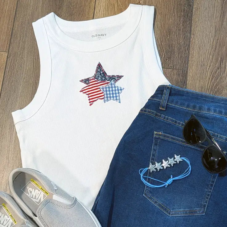 Patriotic Mixed Pattern Star Applique Embroidered Crop Tank Top - Tank Top / S - Apparel