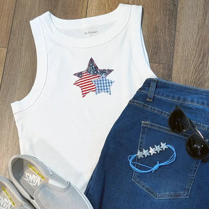 Patriotic Mixed Pattern Star Applique Embroidered Crop Tank Top - Tank Top / S - Apparel