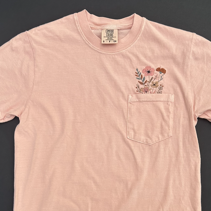 Comfort Colors Embroidered Wildflower Garden Pocket Tee - Apparel