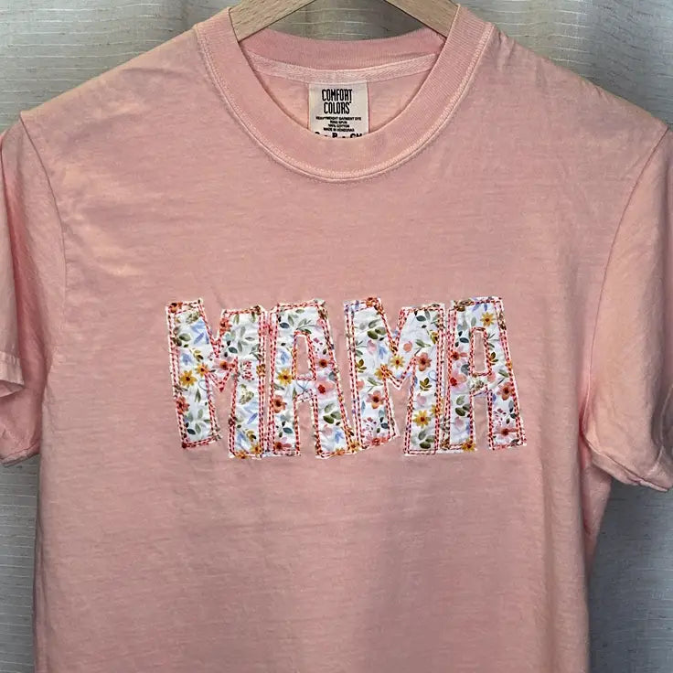 Peachy MAMA Floral Raw Edge Applique Comfort Colors T-Shirt - Apparel