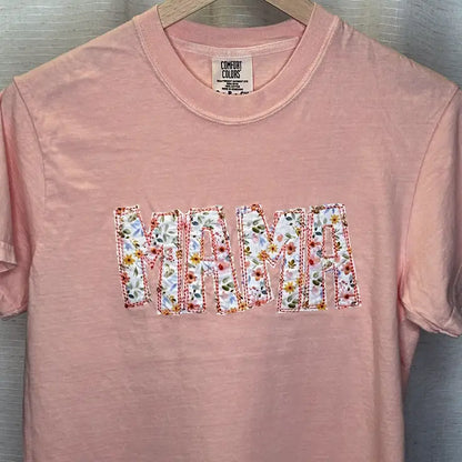 Peachy MAMA Floral Raw Edge Applique Comfort Colors T-Shirt - Apparel