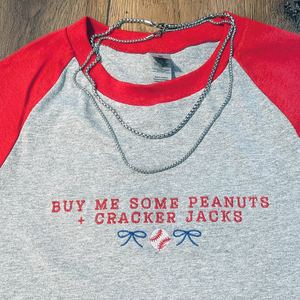 "Buy Me Some Peanuts and Cracker Jacks" Embroidered Raglan T-Shirt