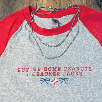 "Buy Me Some Peanuts and Cracker Jacks" Embroidered Raglan T-Shirt