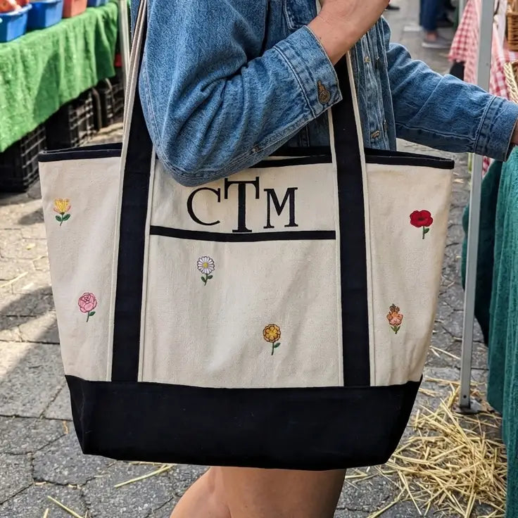 Personalized Birth Month Flower Embroidered Canvas Tote Bag Gift - Large Tote - Tote Bag