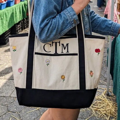 Personalized Birth Month Flower Embroidered Canvas Tote Bag Gift - Large Tote - Tote Bag