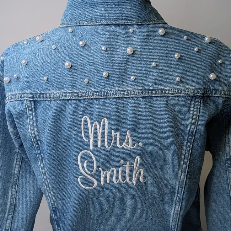 Personalized Mrs Embroidered Bridal Jean Jacket for Wedding events - Apparel
