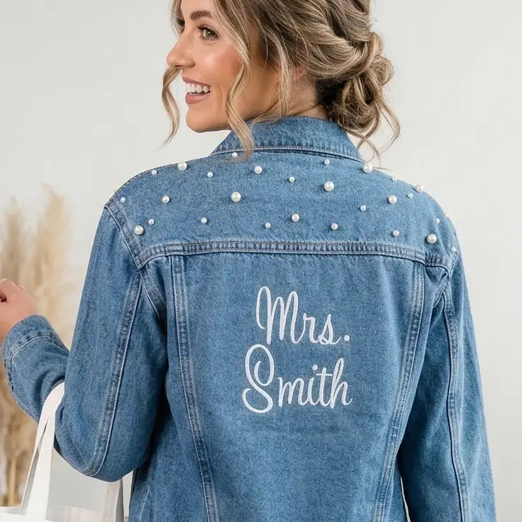 Personalized Mrs Embroidered Bridal Jean Jacket for Wedding events - Apparel