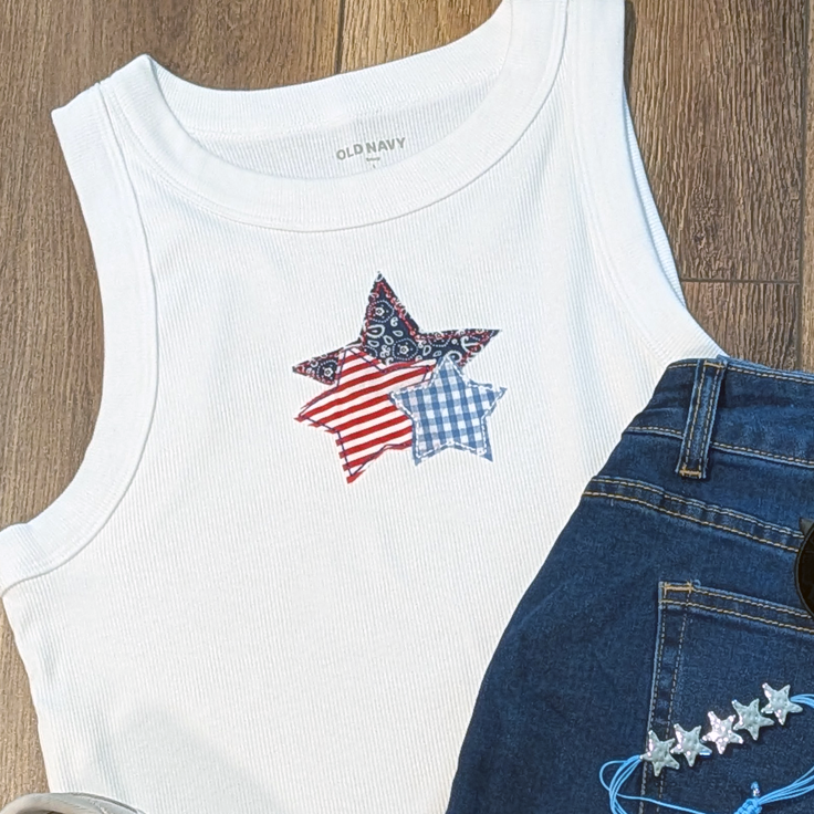 Patriotic Mixed Pattern Star Applique Embroidered Crop Tank Top - Apparel