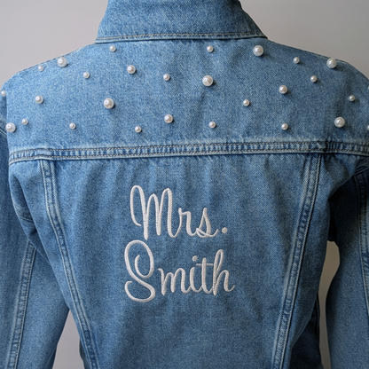 Personalized Mrs Embroidered Bridal Jean Jacket for Wedding events - Apparel