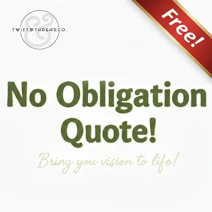 Twist & Thread Co. offering free no obligation quote with green text and red gold corner banner