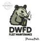 Embroidered possum logo smoking cigarette holding coffee cup above DWFD Fleet Maintenance text