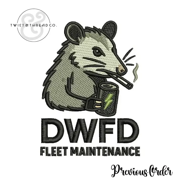 Embroidered possum logo smoking cigarette holding coffee cup above DWFD Fleet Maintenance text