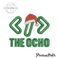 Embroidered green code brackets with a Santa hat on middle bracket and text 'THE OCHO' below